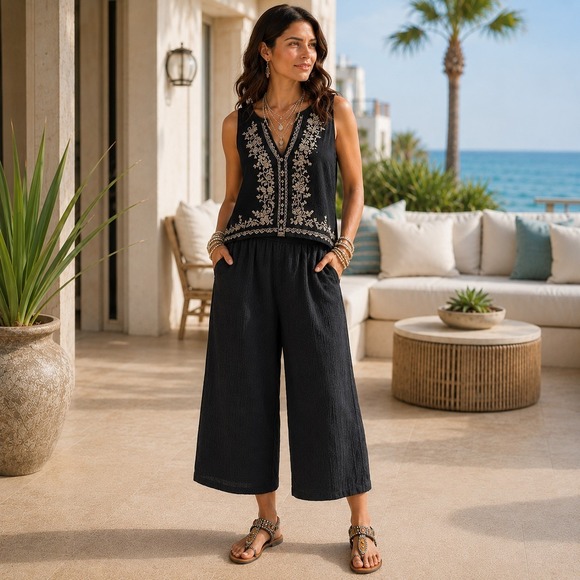 Chico's Pants - Chicos Double Gauze Cotton Beachy Wide Leg Crop Pants L Black Resort Boho Lagen